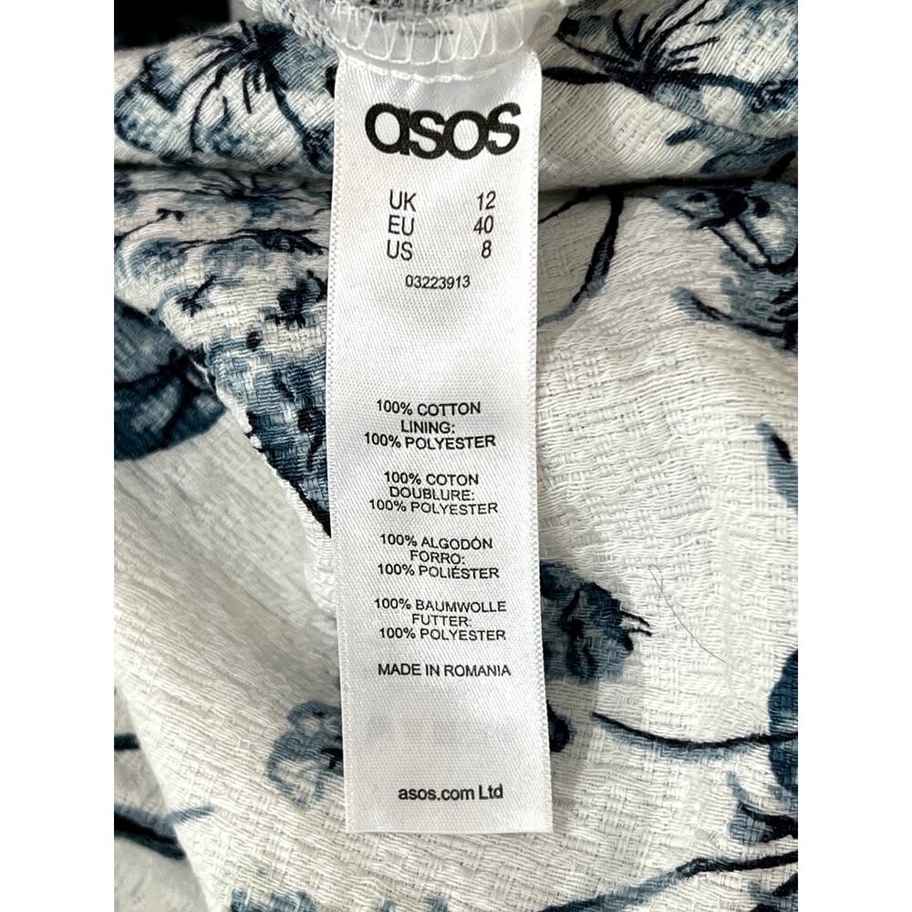 Asos White Blue Floral Fitted Pleats 3/4 Sleeves Pockets Cotton Midi Dress 8 - Picture 8 of 10